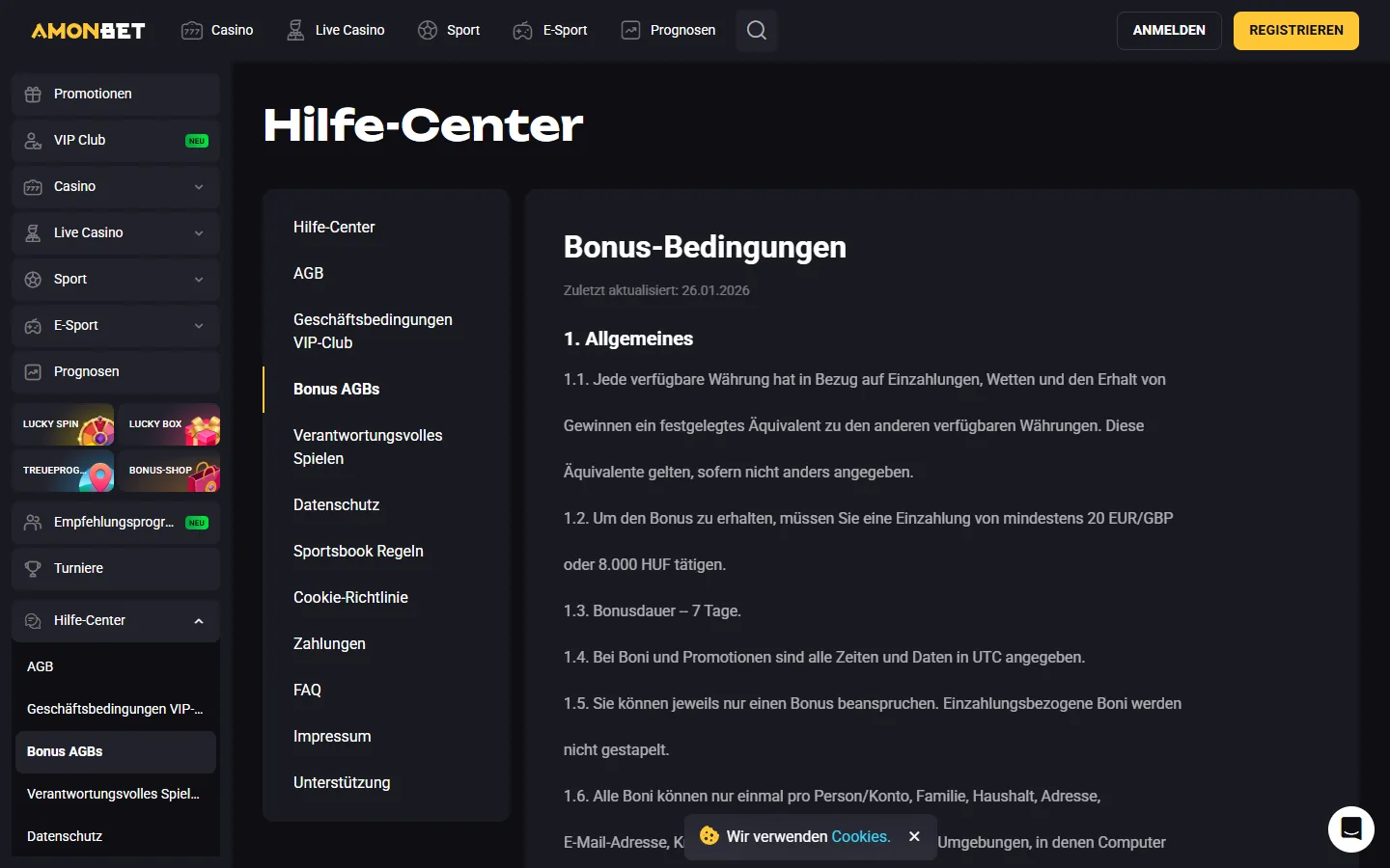 Amonbet Hilfe-Center mit geöffneten Bonusbedingungen