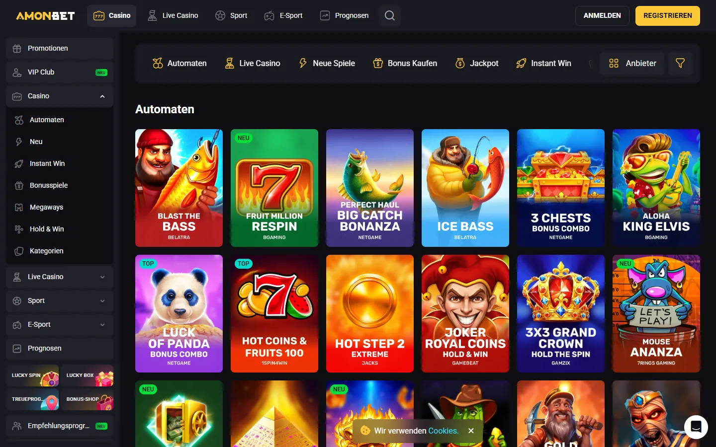 Amonbet Casino-Lobby mit geladenen Spielautomaten und Kategorien