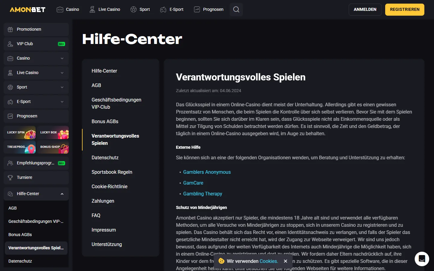 Amonbet Seite zum verantwortungsvollen Spielen mit Hilfs- und Kontrollhinweisen