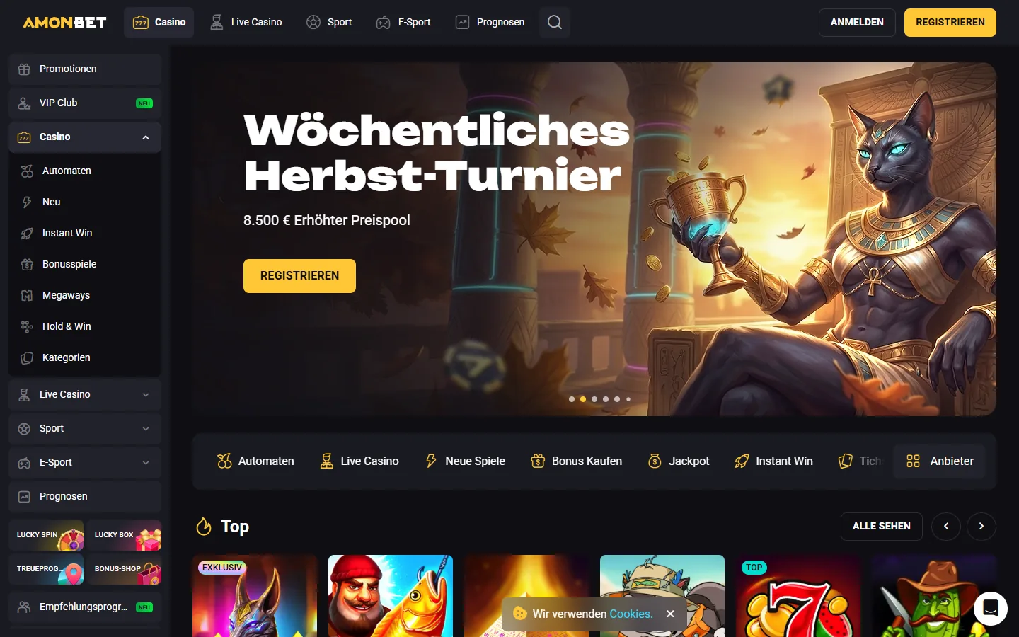 Amonbet Startseite mit Wochenendturnier, Casino-Navigation und geladenen Spielen