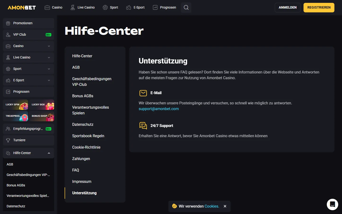 Amonbet Supportseite mit E-Mail-Adresse und Hinweis auf Rund-um-die-Uhr-Erreichbarkeit