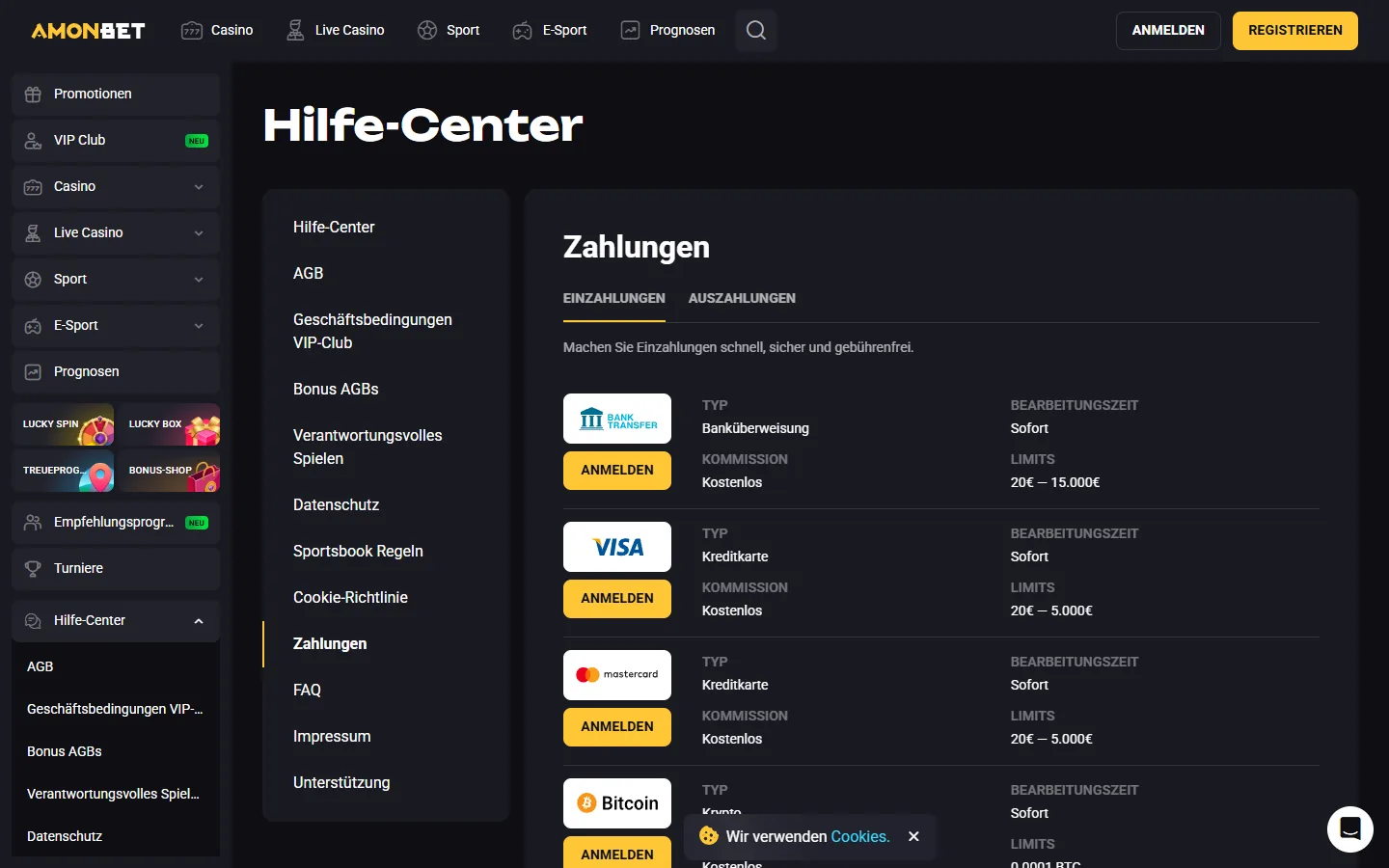 Amonbet Zahlungsübersicht mit Banküberweisung, Visa, Mastercard und Kryptowährungen