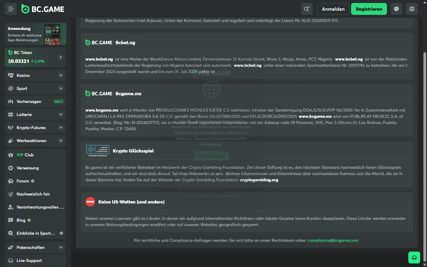 BC.GAME Lizenzseite mit Betreiber- und Lizenzangaben