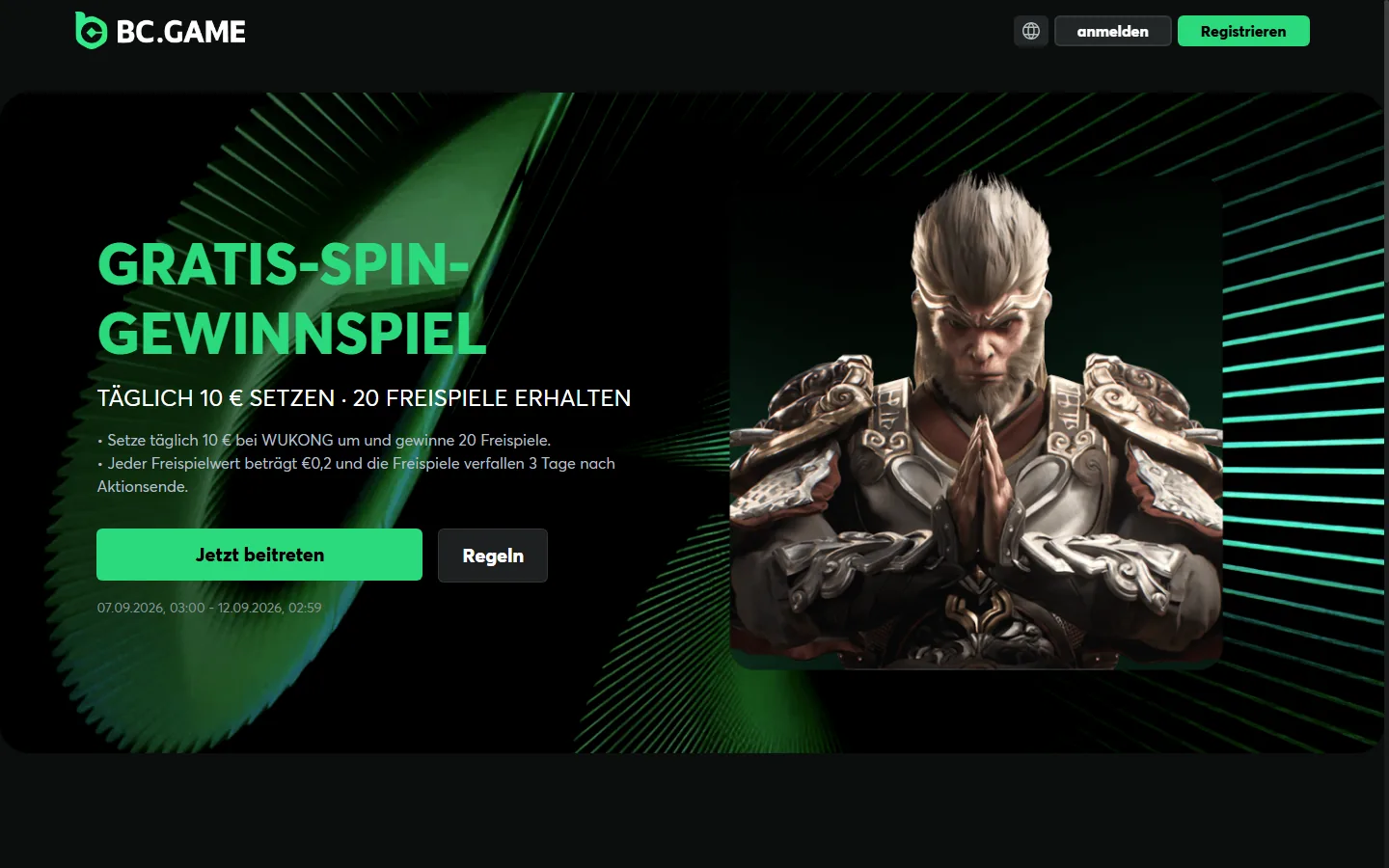 BC.GAME Aktion mit täglich 20 Freispielen bei 10 Euro Einsatz