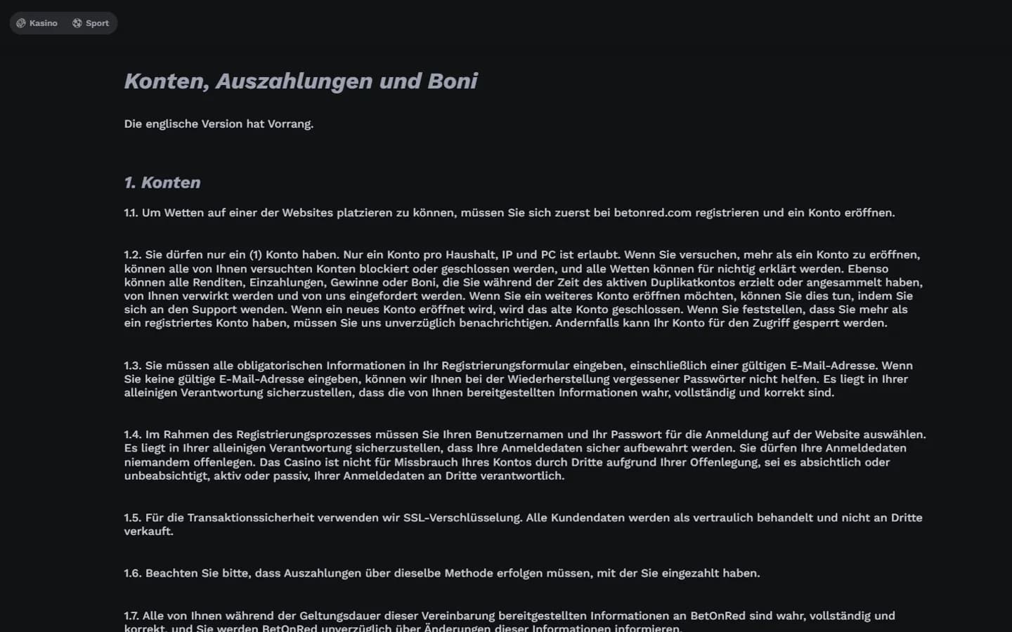 BetOnRed Bedingungen zu Konten, Auszahlungen, Einzahlungsmethode und Datenschutz