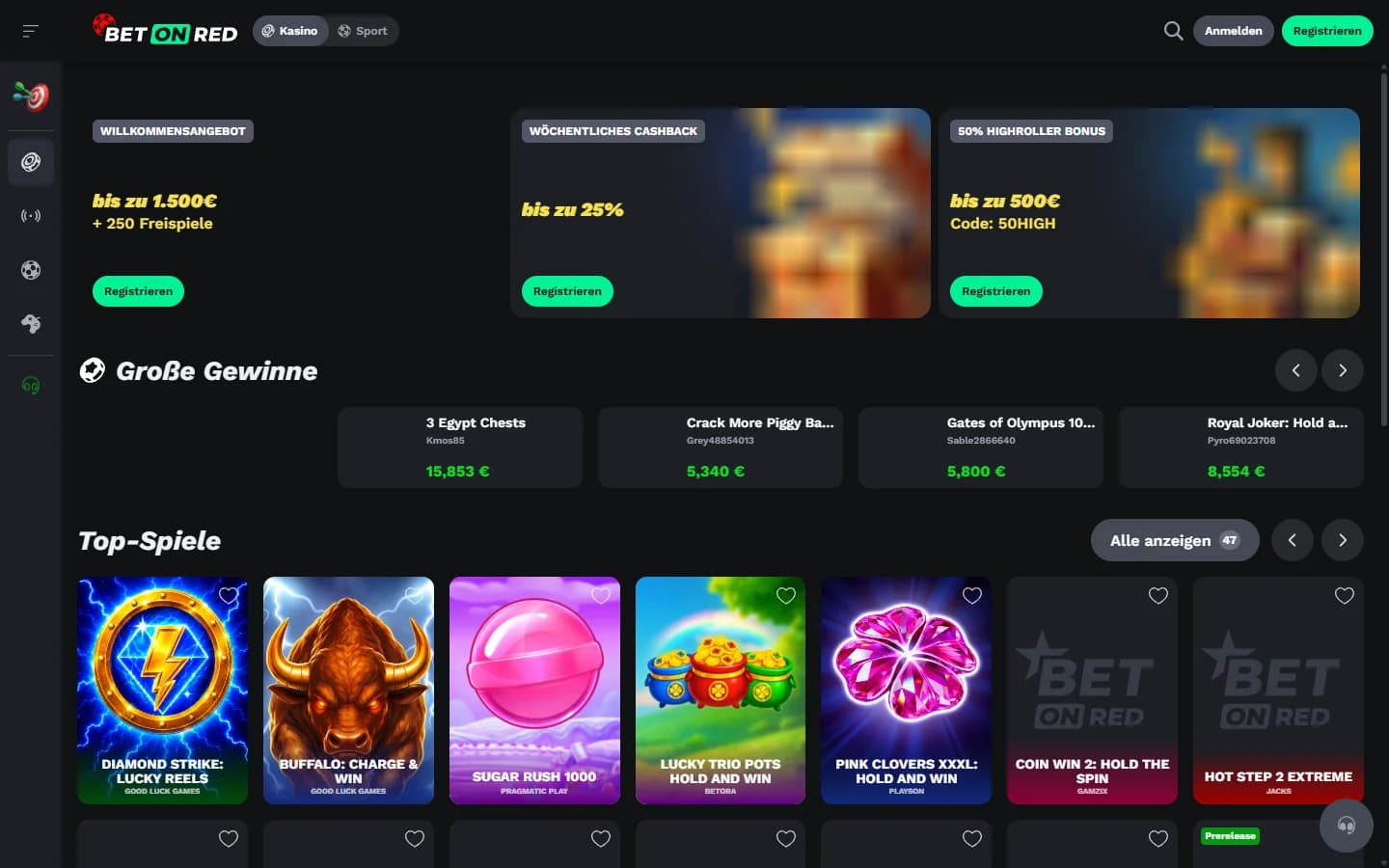 BetOnRed Casino-Lobby mit Spielen und Gewinnan­zeige