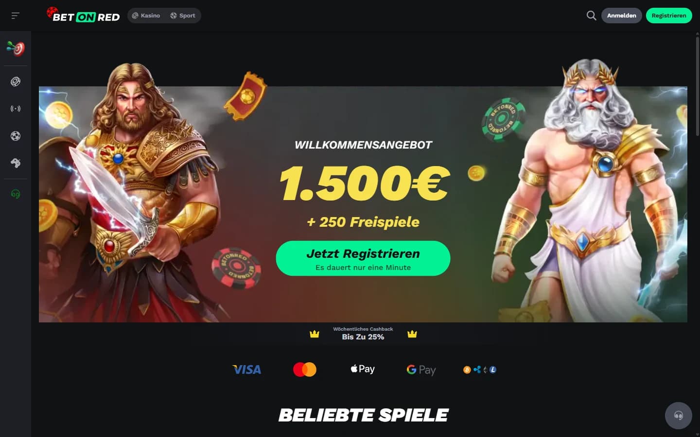 BetOnRed Startseite mit Visa, Mastercard, Apple Pay, Google Pay und Krypto-Icons