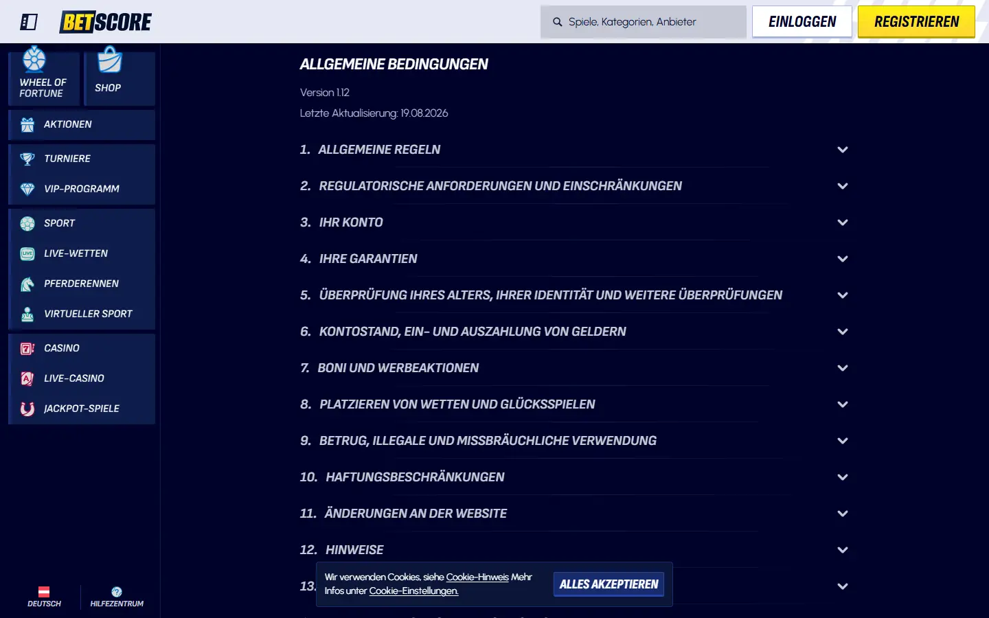 BetScore Bedingungen Version 1.12 mit aufklappbaren Kapiteln