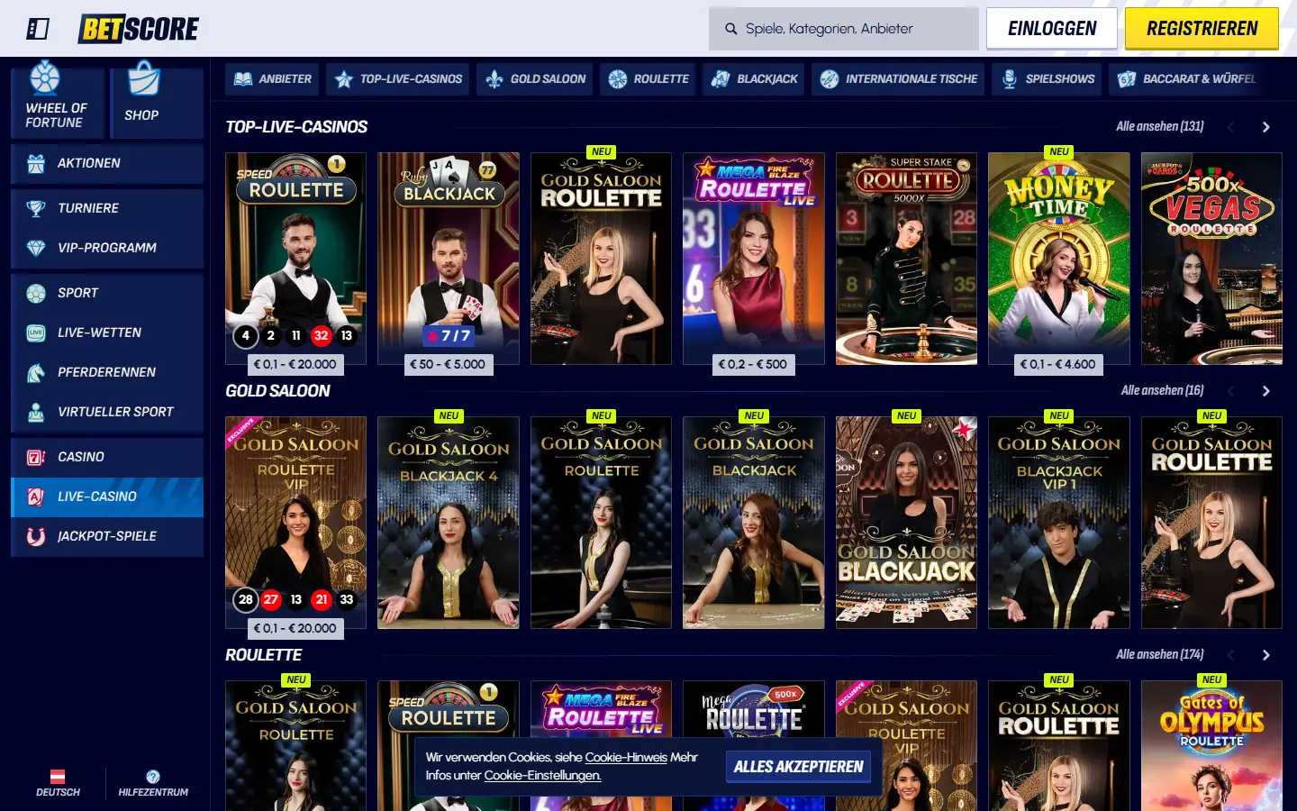 Geladene BetScore Live-Casino-Lobby mit Roulette, Blackjack und Game Shows