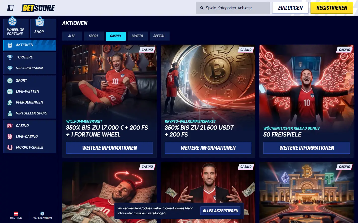 BetScore Aktionsübersicht mit Casino-, Krypto- und wöchentlicher Reload-Promotion