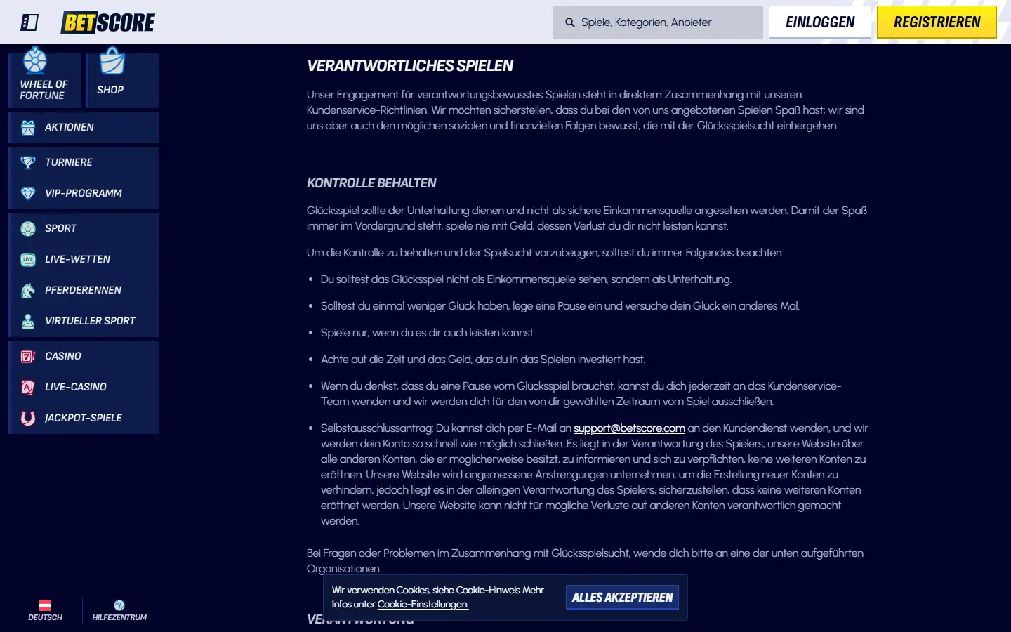 BetScore Seite zum verantwortlichen Spielen mit Hinweisen zur Kontrolle und zum Selbstausschluss