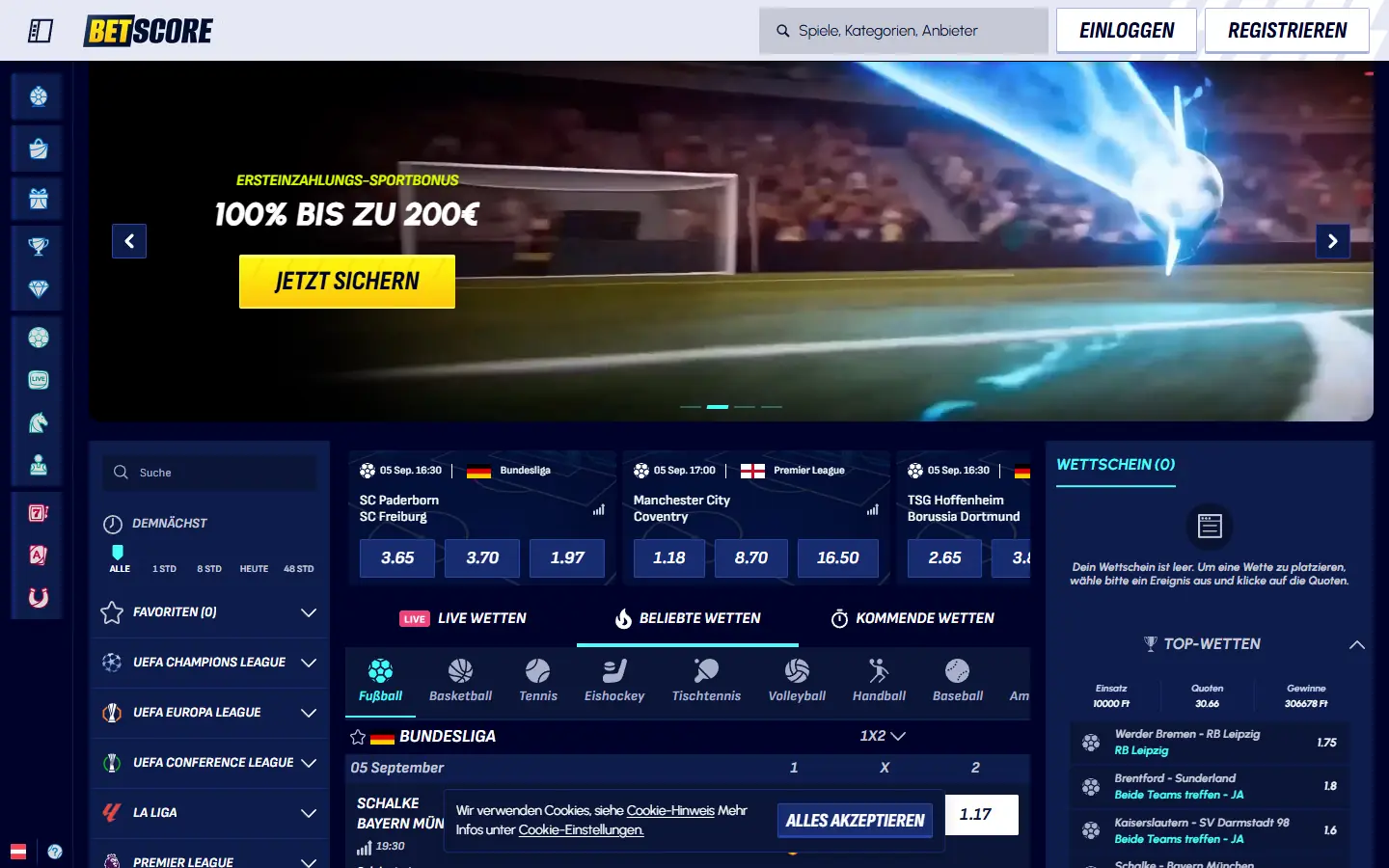 BetScore Startseite mit Sportwetten, Casino-Navigation und Ersteinzahlungs-Sportbonus