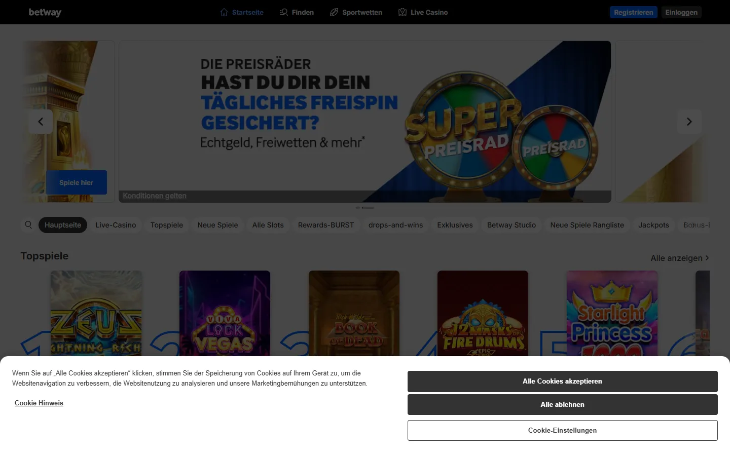 Betway Casino-Lobby mit Kategorien, Aktionsgrafik und geladenen Spielkarten