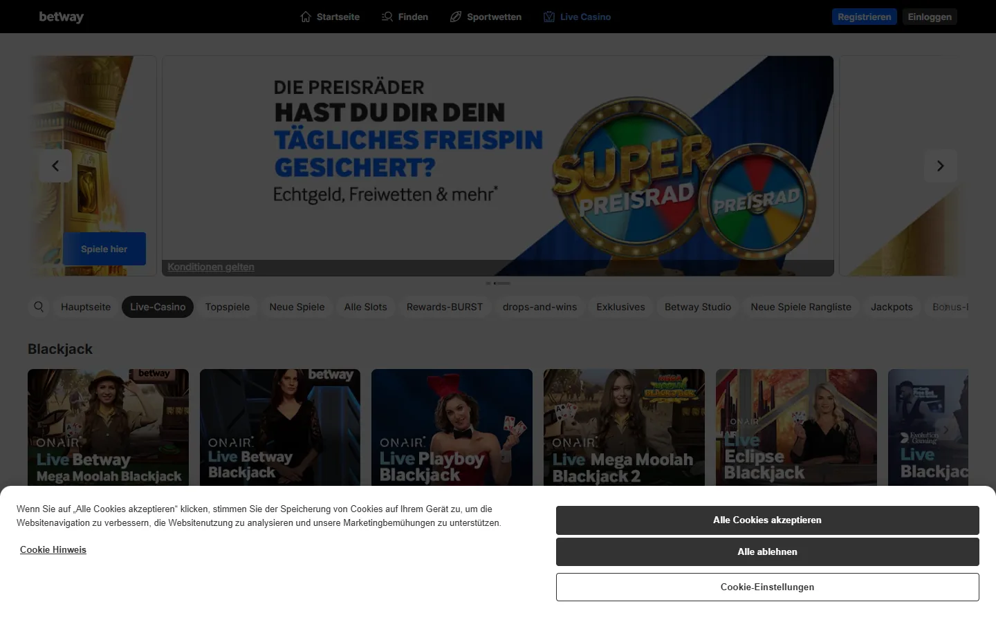 Betway Live-Casino mit Blackjack, Roulette, Baccarat und Dealer-Karten