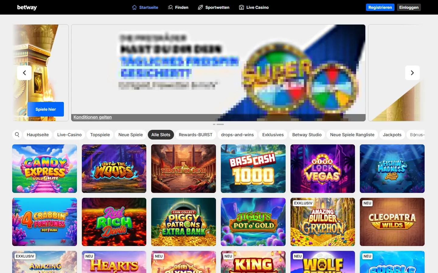 Betway Slotseite mit Kategorien, Spielen und Jackpotanzeigen