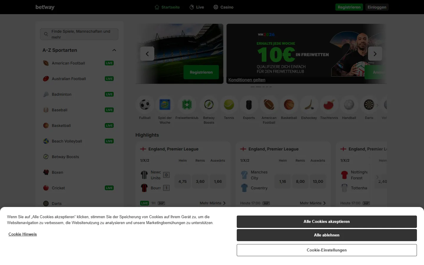 Betway Sportwettenseite mit Sportarten, Live-Märkten, Quoten und Boosts
