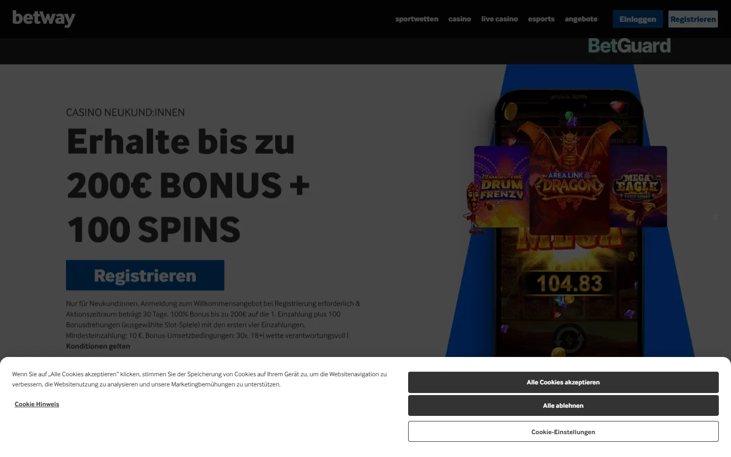 Betway Startseite mit Sportwetten, Casino-Navigation und Euro-Bonus