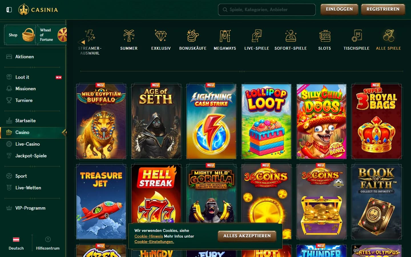 Casinia Casino-Lobby mit geladenen Spielautomaten und Kategorien