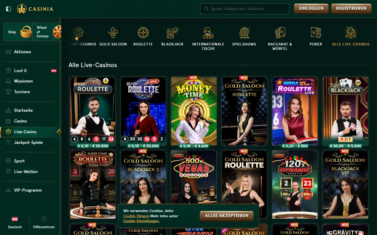 Casinia Live-Casino mit Roulette, Blackjack und weiteren Tischen