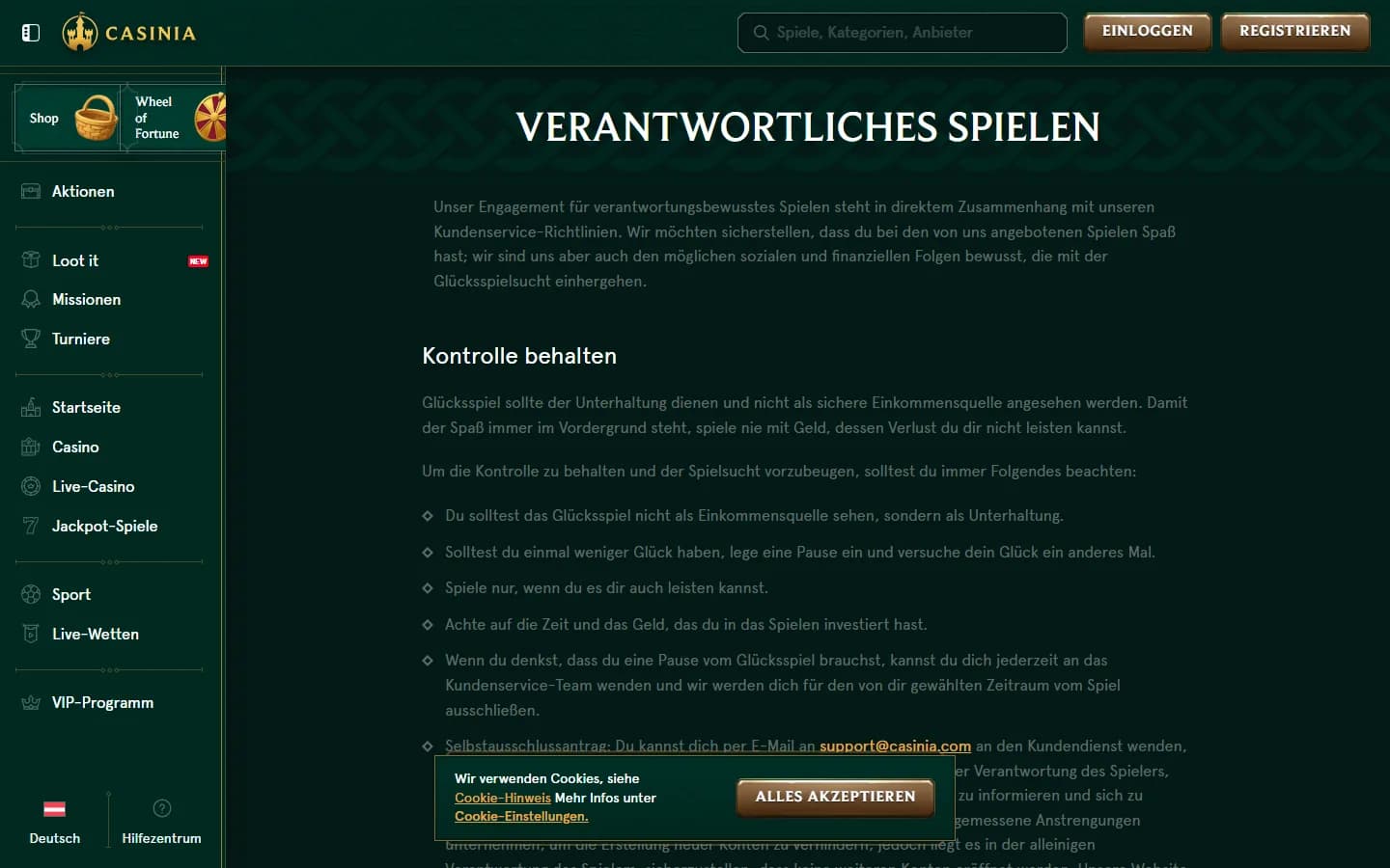 Casinia Spielerschutzseite mit Kontrollhinweisen und Selbstausschlusskontakt
