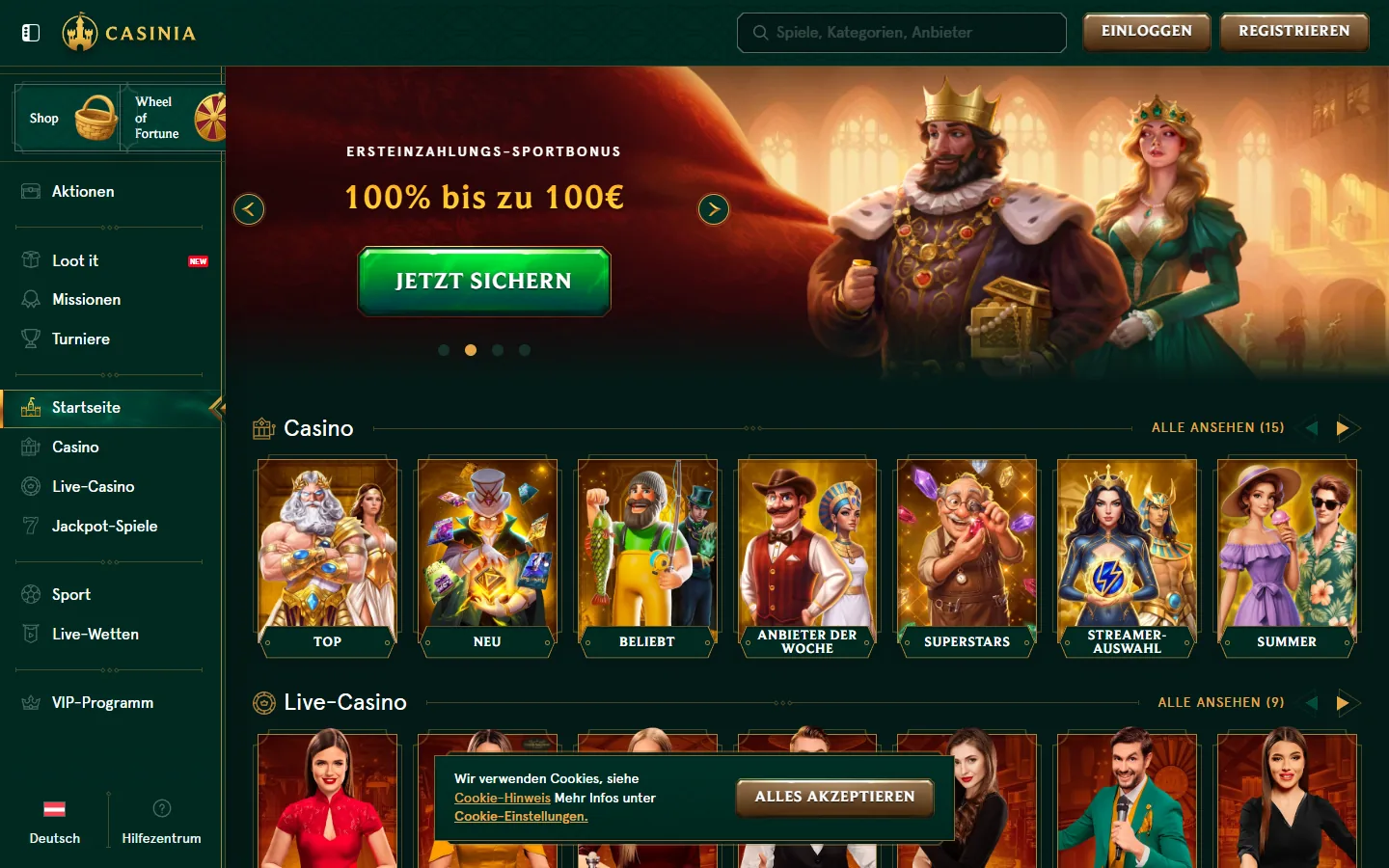 Casinia Startseite mit Euro-Bonus, Casino- und Live-Casino-Bereichen