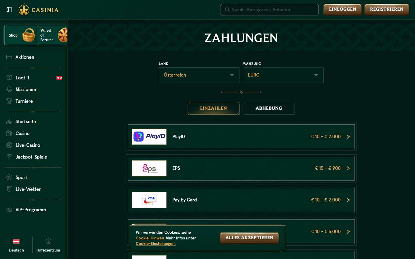 Casinia Zahlungstabelle mit PlayID, EPS, Karte, Revolut und MiFinity
