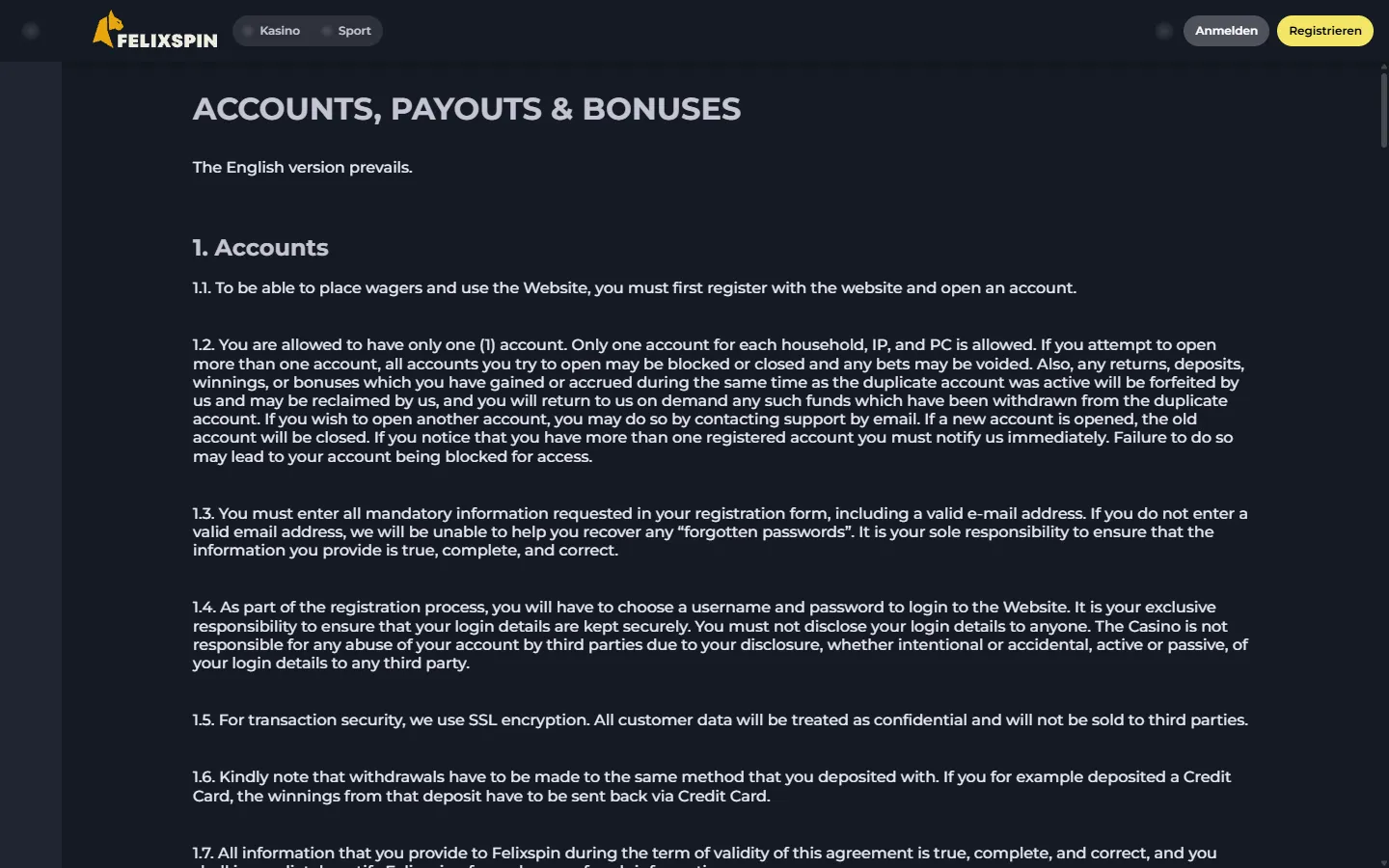 FelixSpin Seite Accounts Payouts and Bonuses mit Auszahlungs- und Bonusregeln