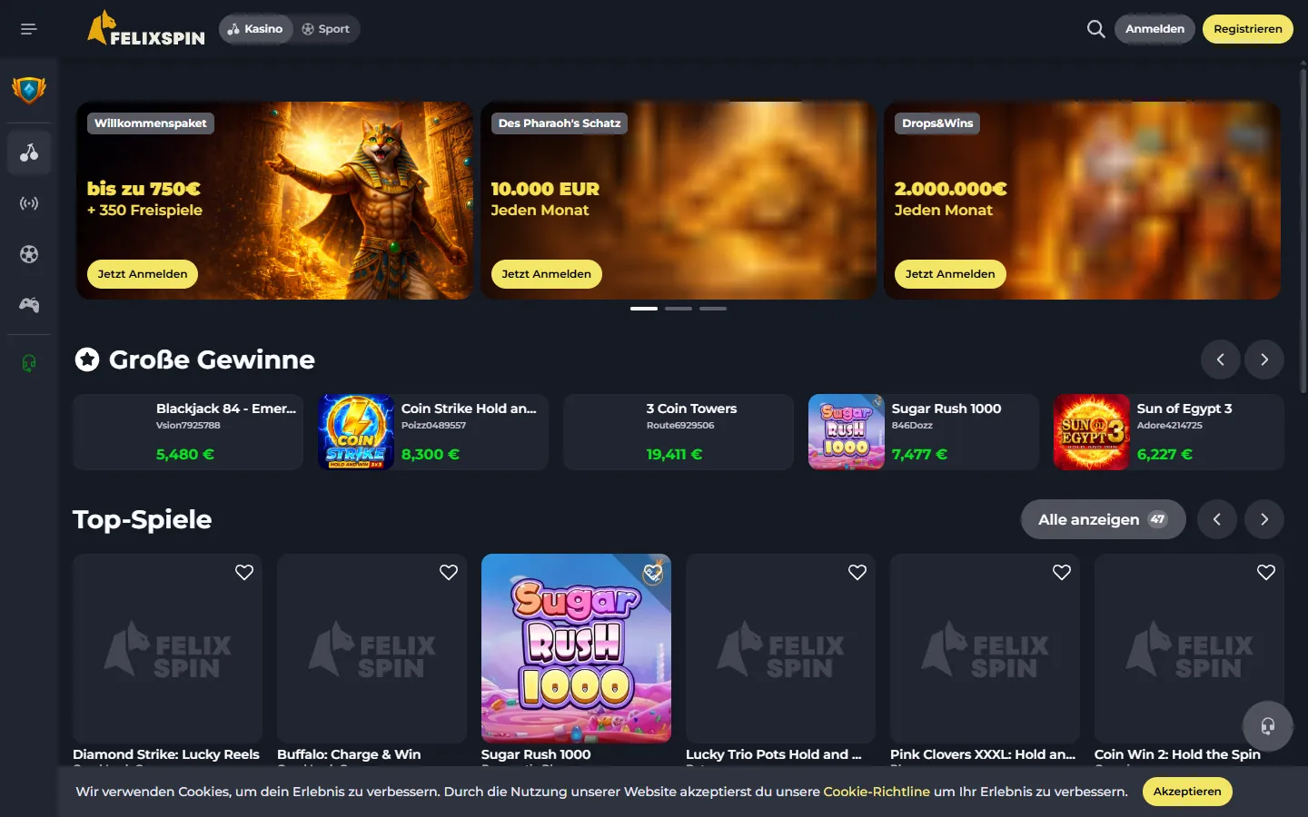 FelixSpin Casino-Lobby mit Willkommensangebot, Spielen und sichtbaren Lobby-Zählern