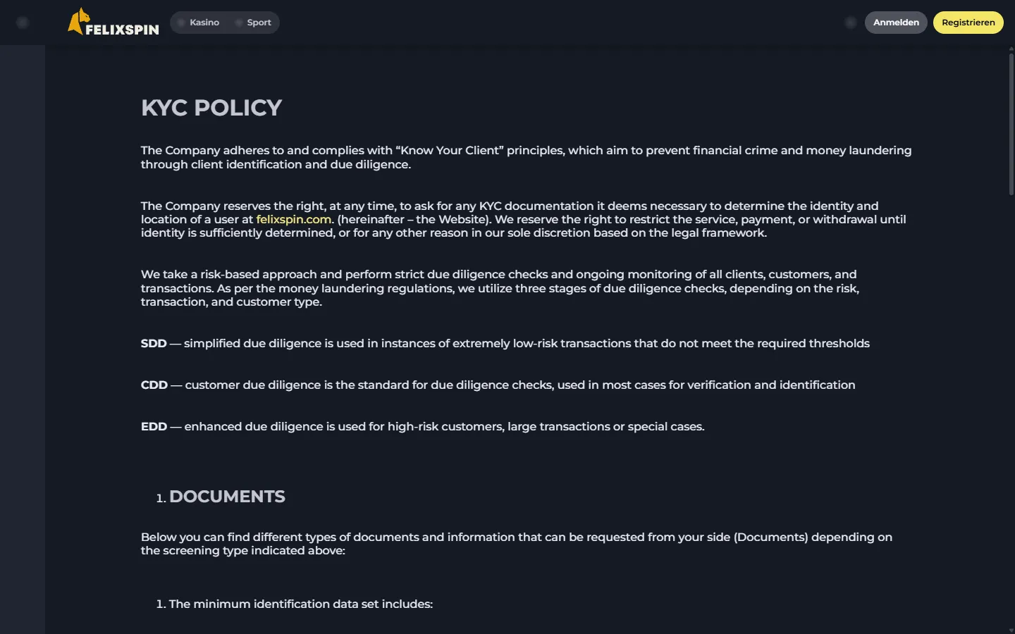FelixSpin KYC-Policy mit Dokumenten- und Prüfanforderungen