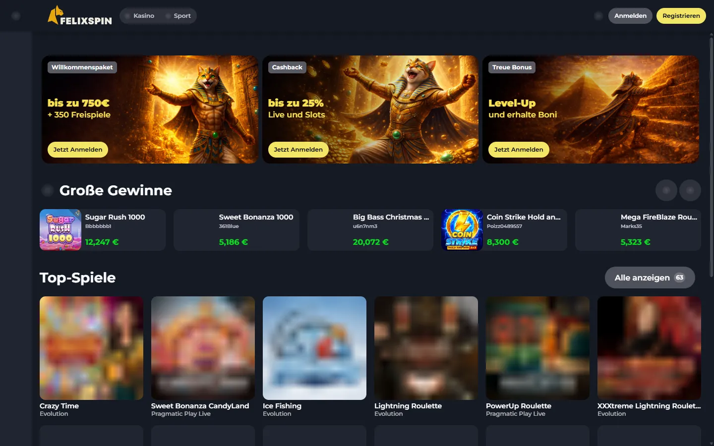 FelixSpin Live-Casino-Seite mit Spielen und Top-Spiele-Bereich