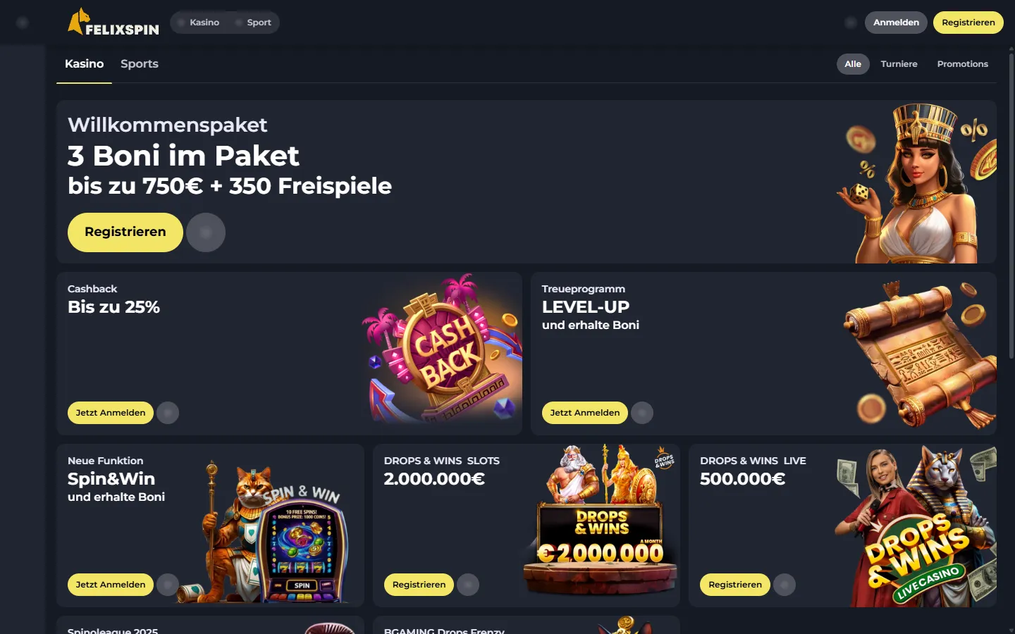 FelixSpin Promotions-Seite mit Willkommenspaket, Cashback und Drops-and-Wins-Karten