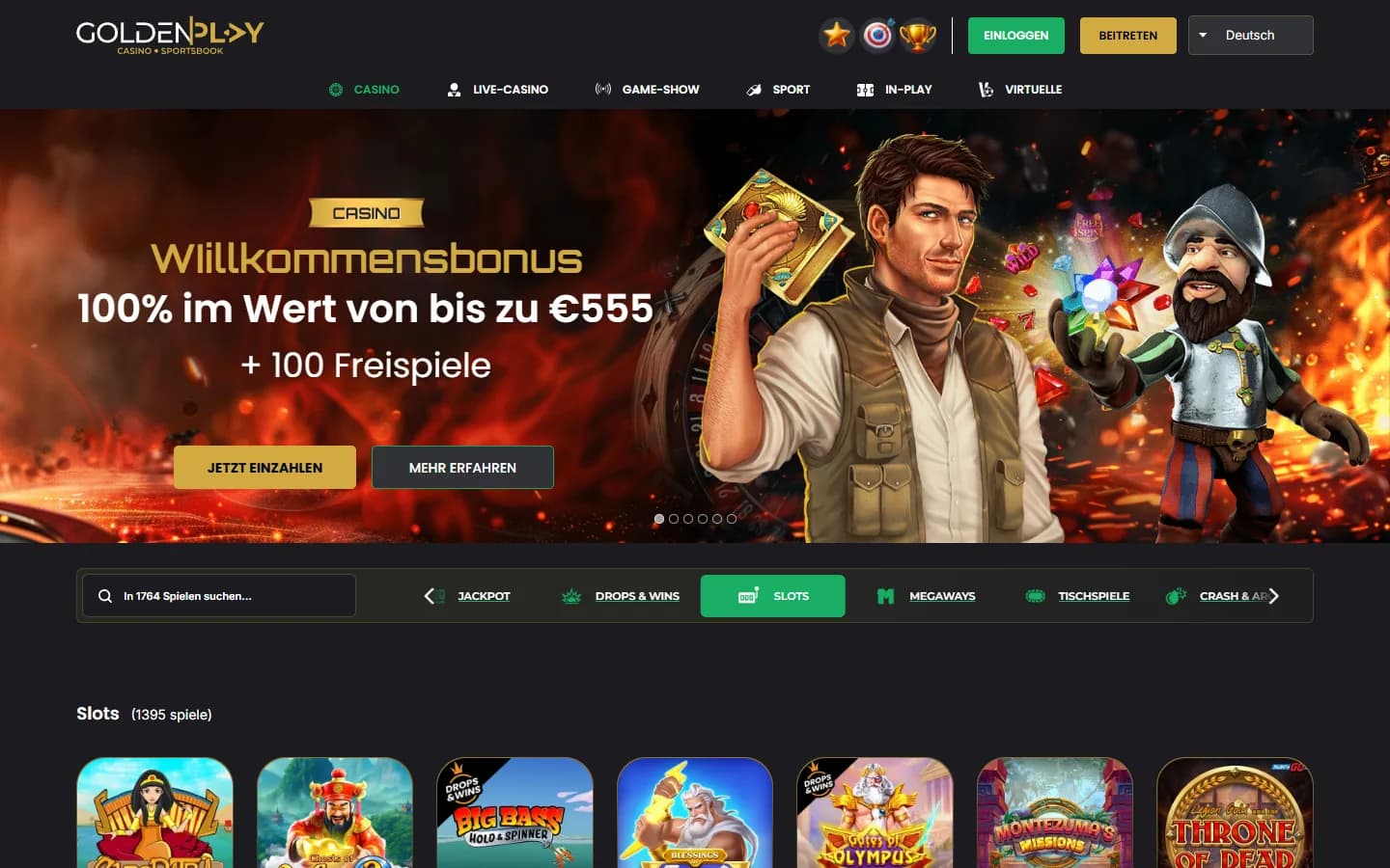 GoldenPlay Slot-Lobby mit Suche, Kategorien und geladenen Spielen