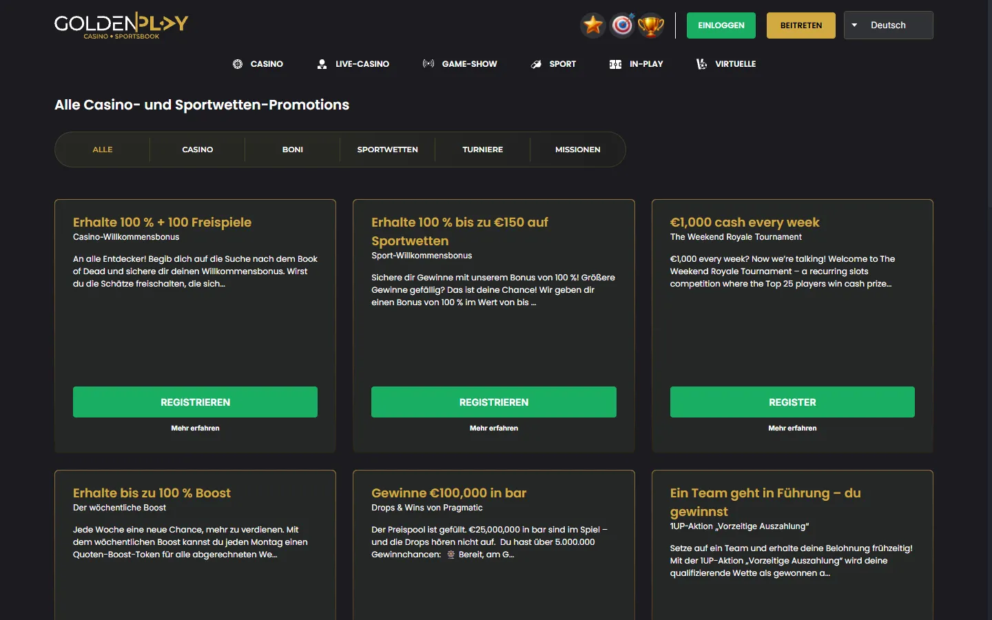 GoldenPlay Aktionsseite mit Casino-, Sport-, Turnier- und Missionsangeboten