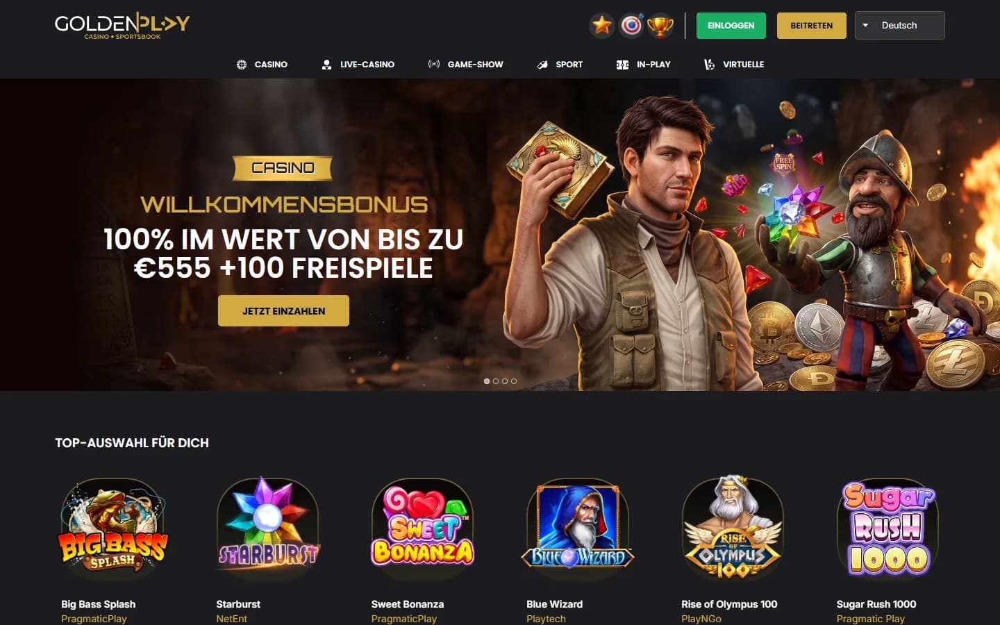 GoldenPlay Startseite mit Willkommensangebot und geladenen Spielen