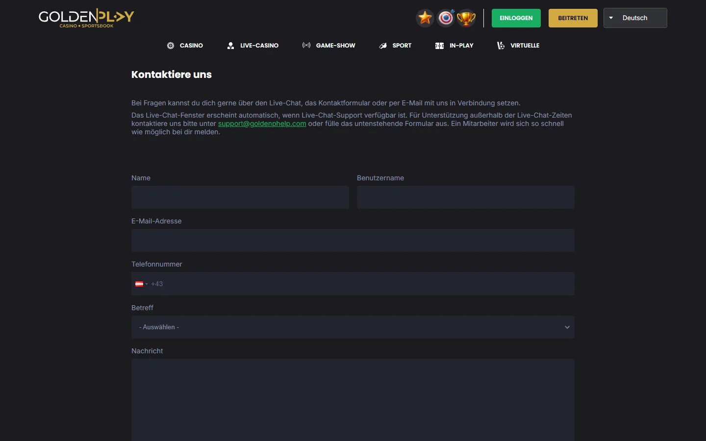 GoldenPlay Kontaktseite mit Formular und Supporthinweisen
