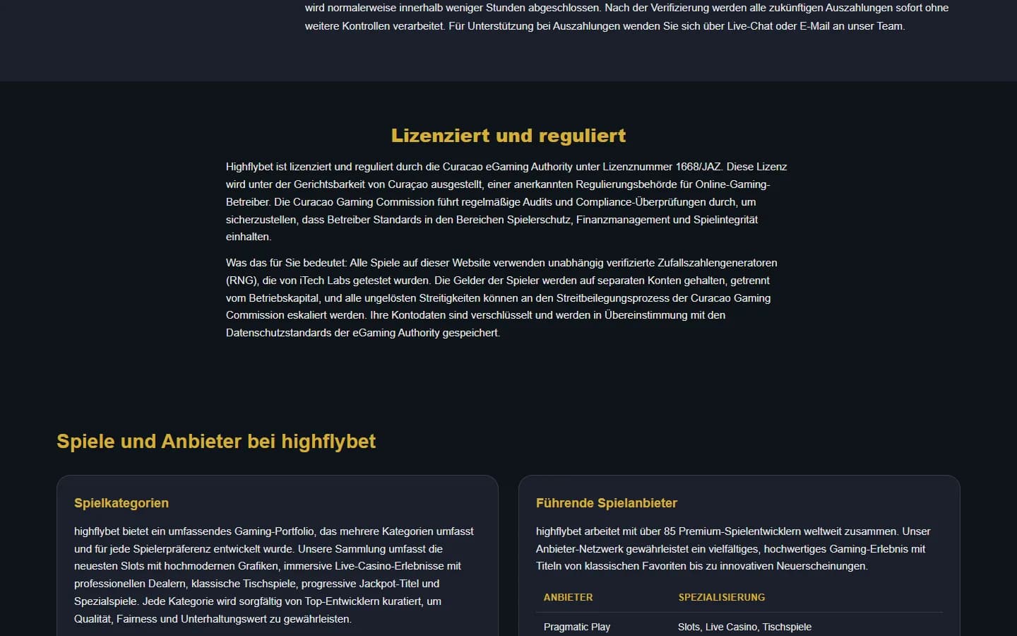 HighFlyBet Informationsabschnitt zu Spielen, Anbietern und Kundendienst