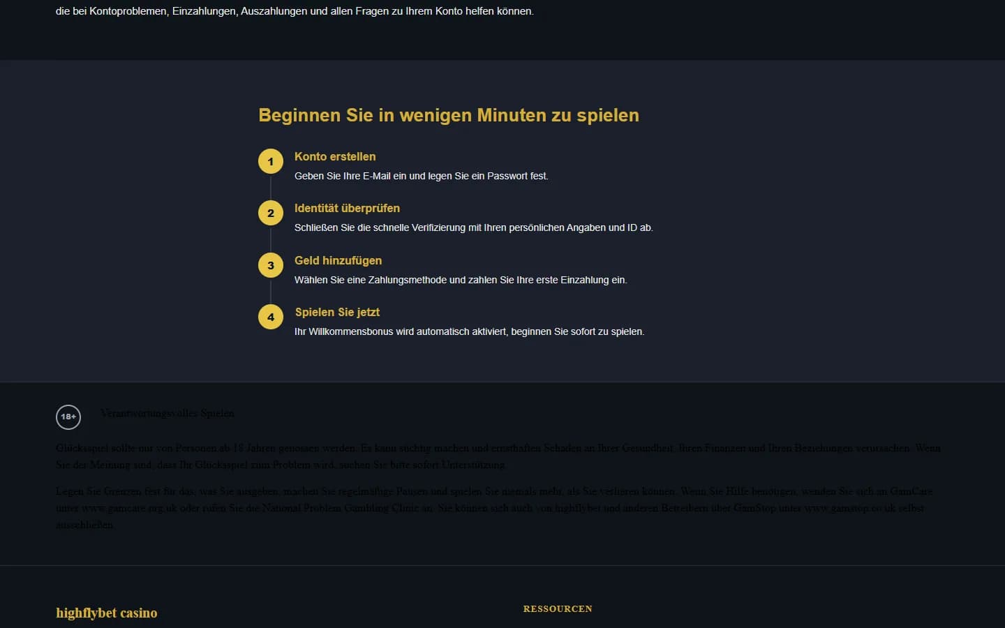 HighFlyBet Informationsabschnitt mit Schritten zu Einzahlung, Bonus und Auszahlung