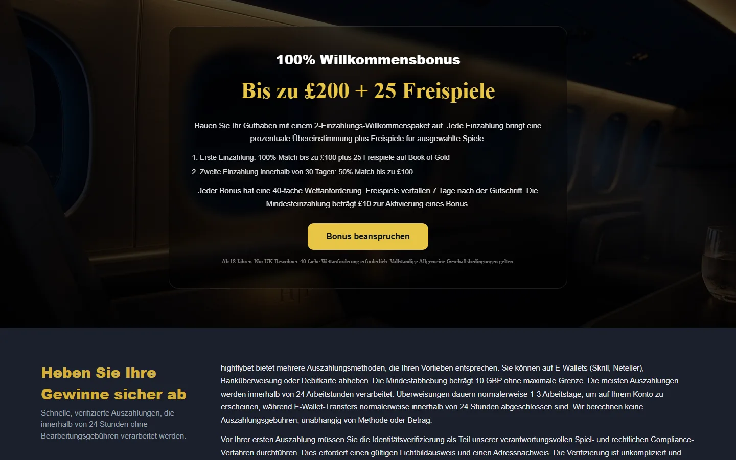HighFlyBet Bonusabschnitt mit deutschem Euro-Angebot
