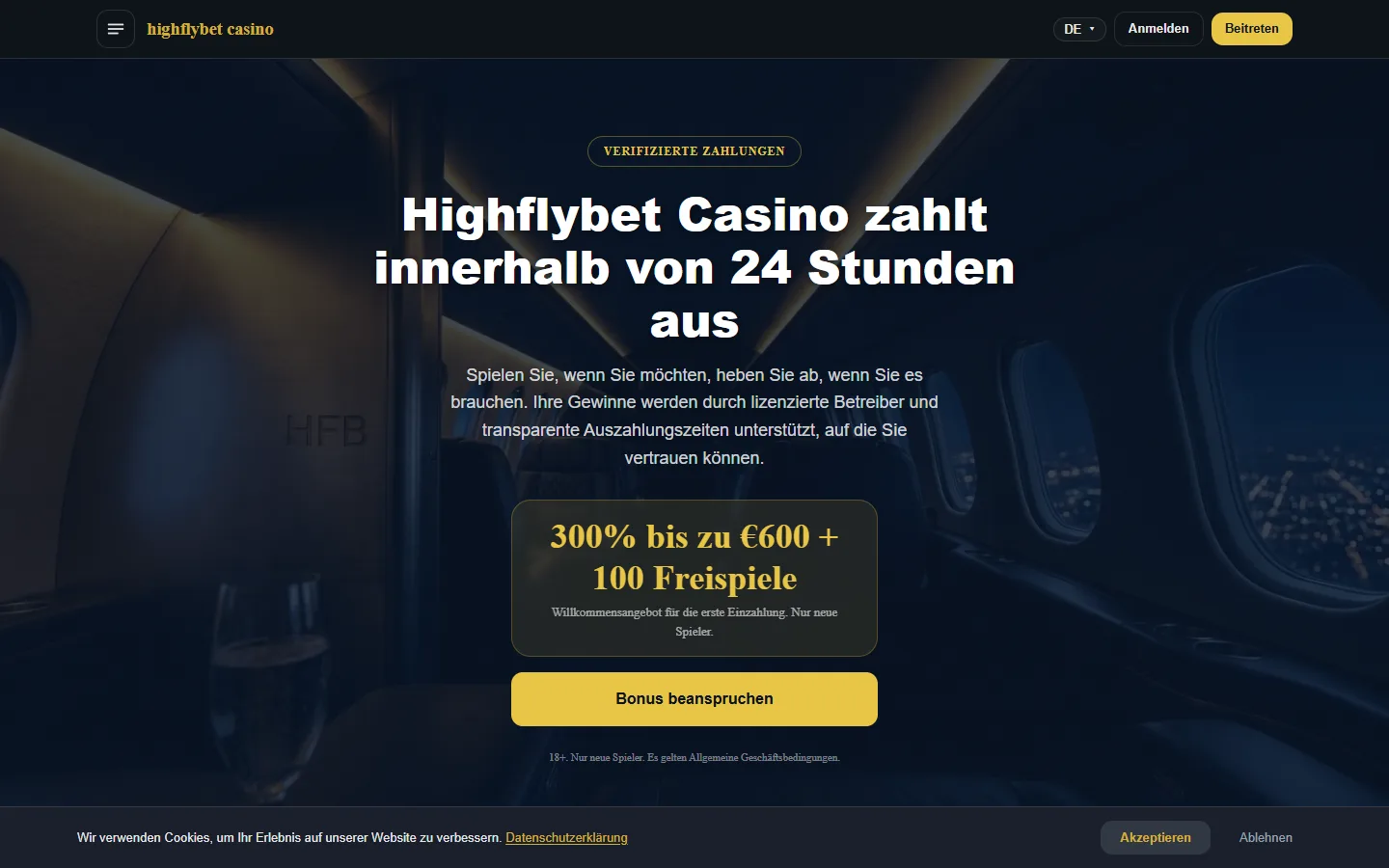 HighFlyBet Seite mit Casino-Willkommensangebot und Auszahlungshinweis