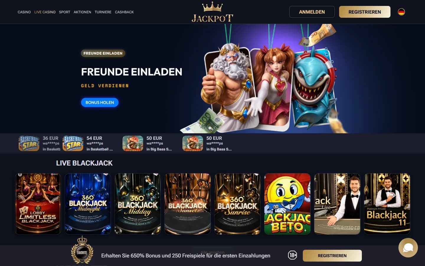 Jack-Pot Live-Casino mit Blackjack-Tischen und geladenen Spielkarten