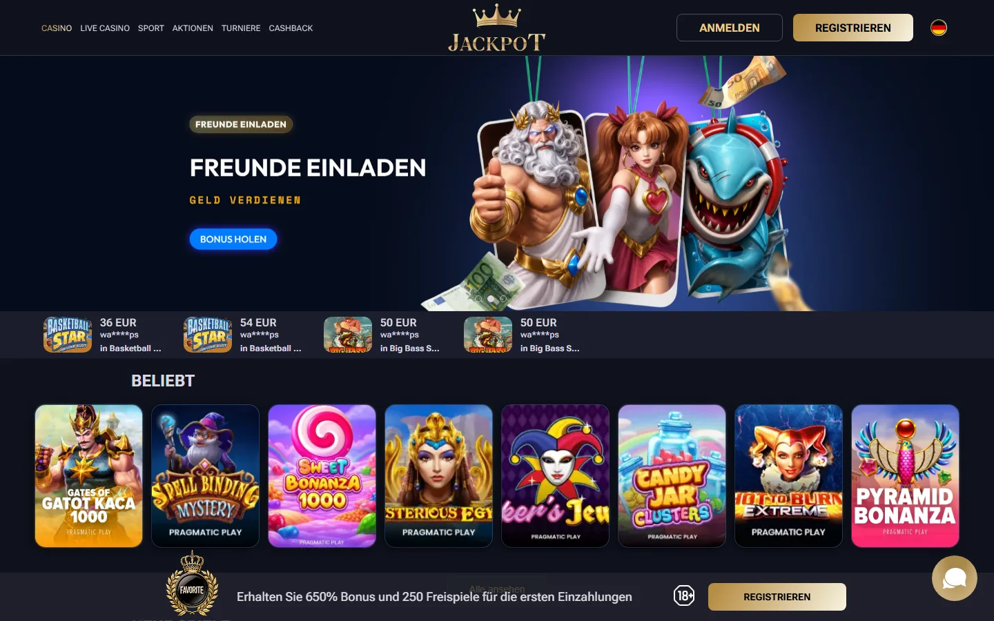 Jack-Pot Startseite mit geladenen Spielautomaten und Navigation