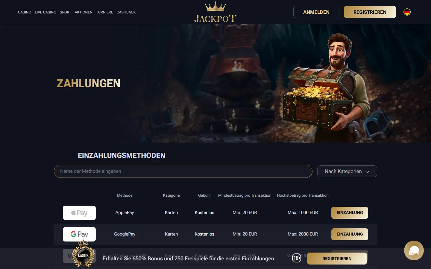 Jack-Pot Zahlungsseite mit Apple Pay als Einzahlungsmethode