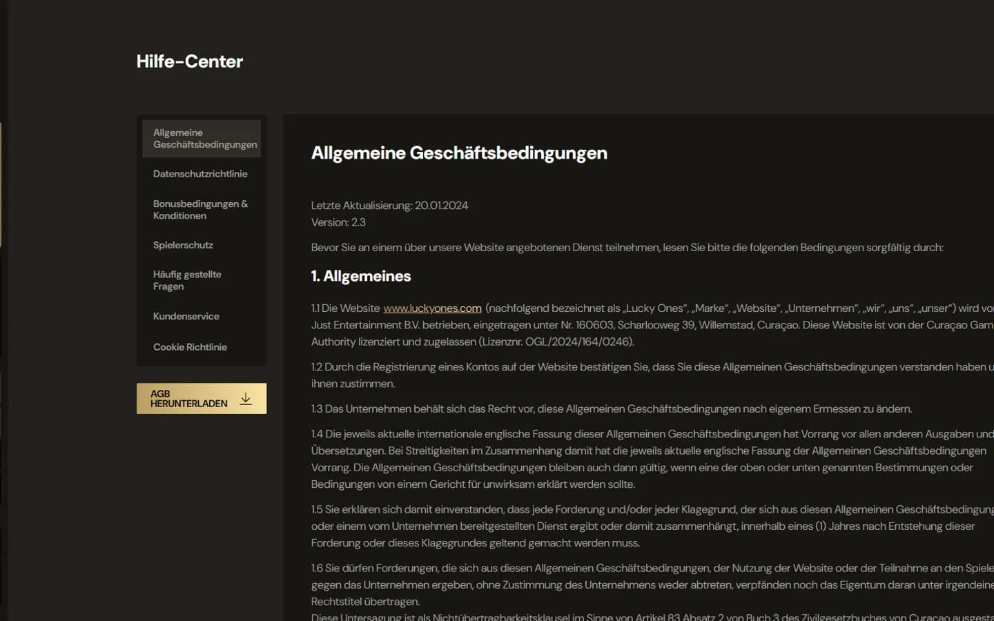 Lucky Ones AGB mit Betreiber- und Lizenzangaben