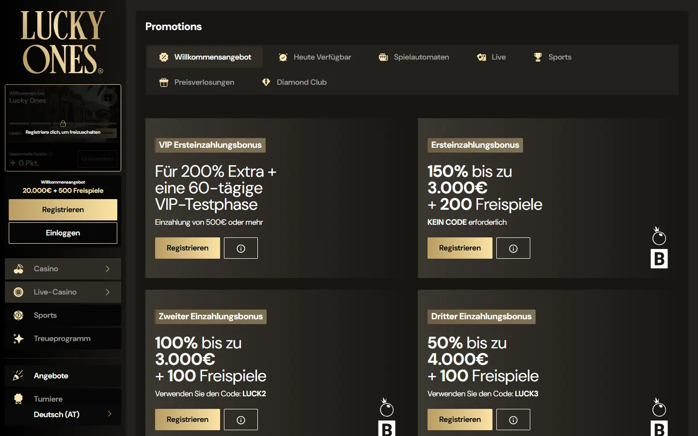 Lucky Ones Aktionsseite mit VIP- und gestaffelten Einzahlungsboni