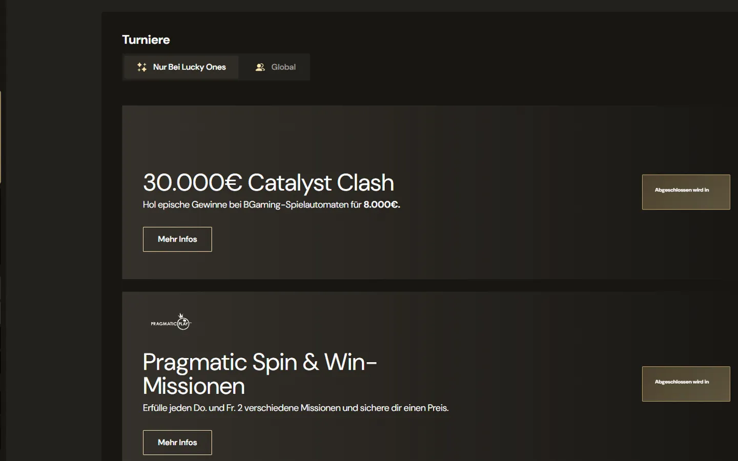 Lucky Ones Turnierseite mit Catalyst Clash und Spin-and-Win-Missionen
