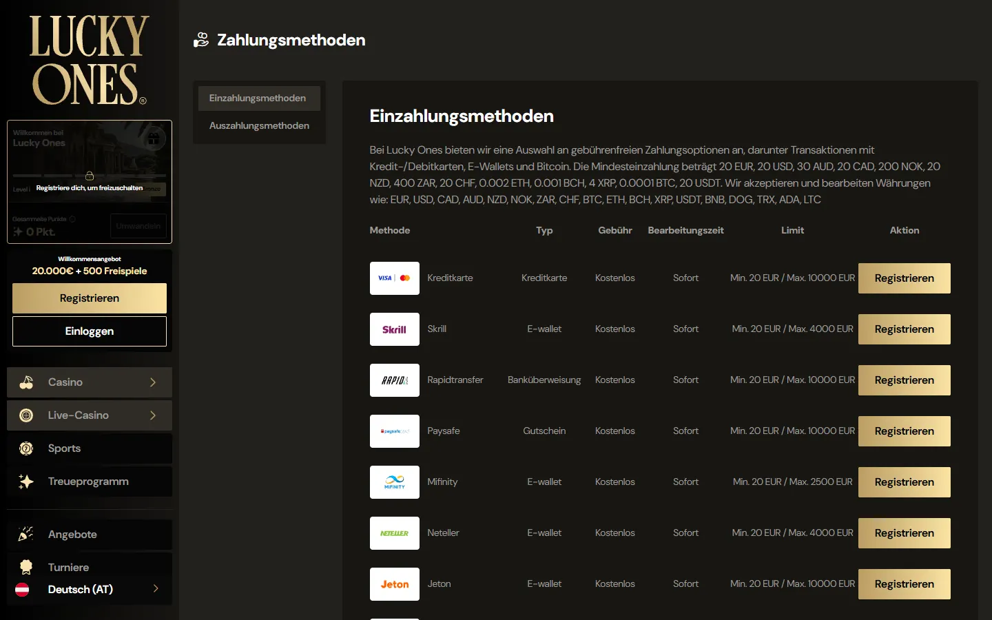 Lucky Ones Zahlungsseite mit Karten, Skrill, Rapidtransfer, Paysafe, MiFinity, Neteller und Jeton