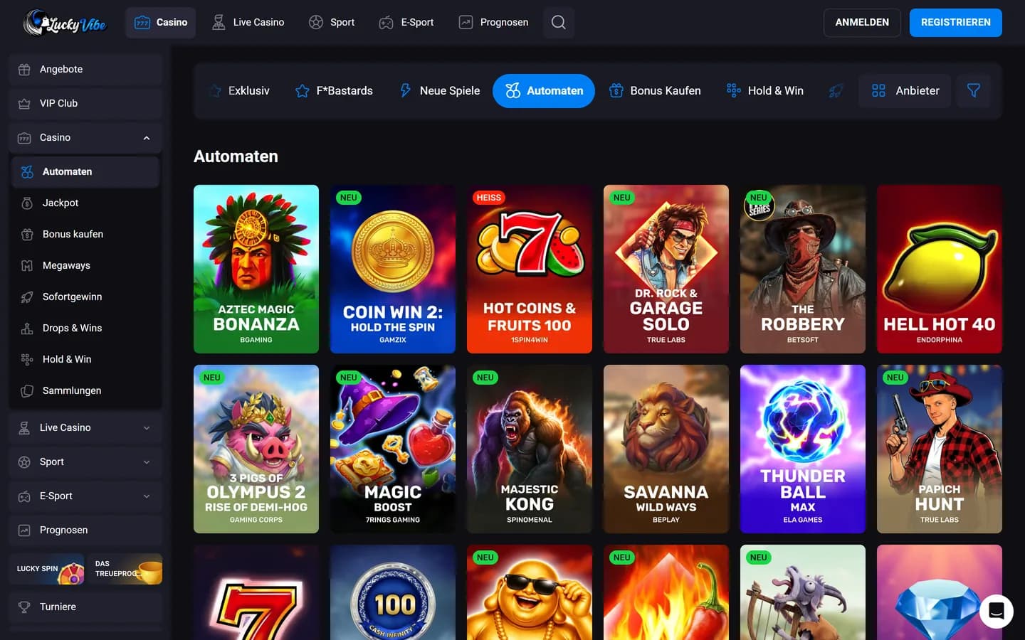 Spielauswahl von Lucky Vibe mit Kategoriefiltern und Slot-Kacheln samt Demo-Hinweis