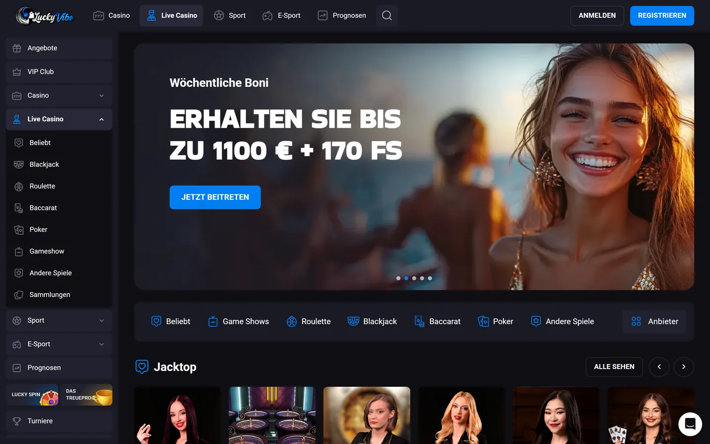 Lucky Vibe Live-Casino-Bereich mit Blackjack, Roulette und Baccarat
