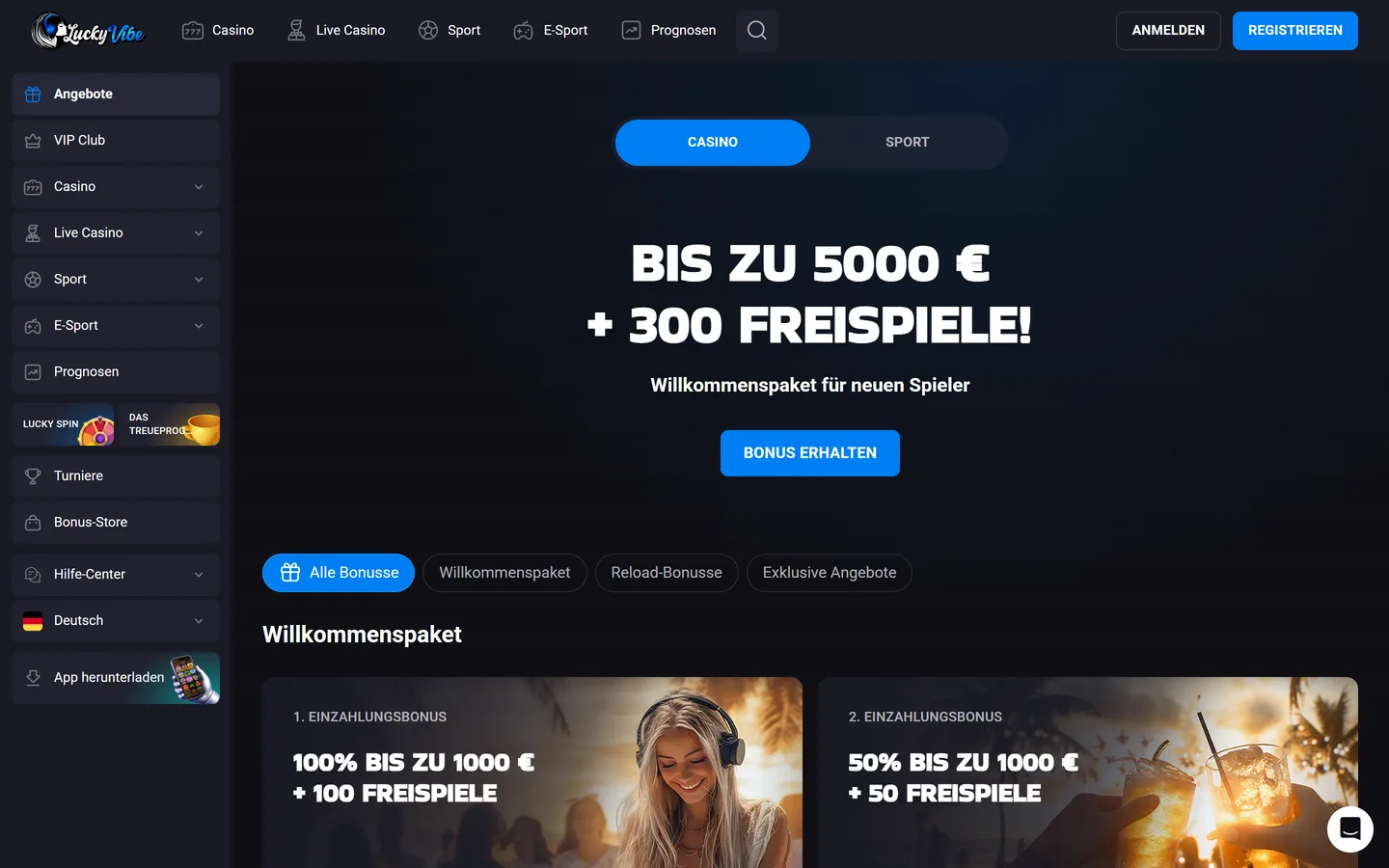 Lucky Vibe Aktionsseite mit Willkommenspaket und wöchentlichen Reload-Boni
