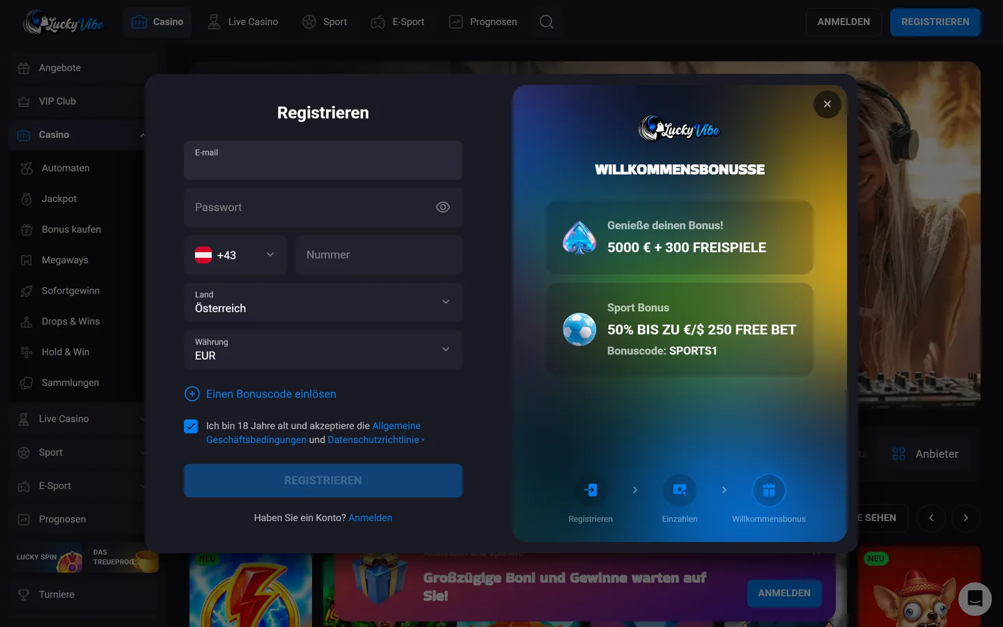 Registrierungsfenster von Lucky Vibe mit Feldern für E-Mail, Passwort, Telefonnummer, Land und Währung